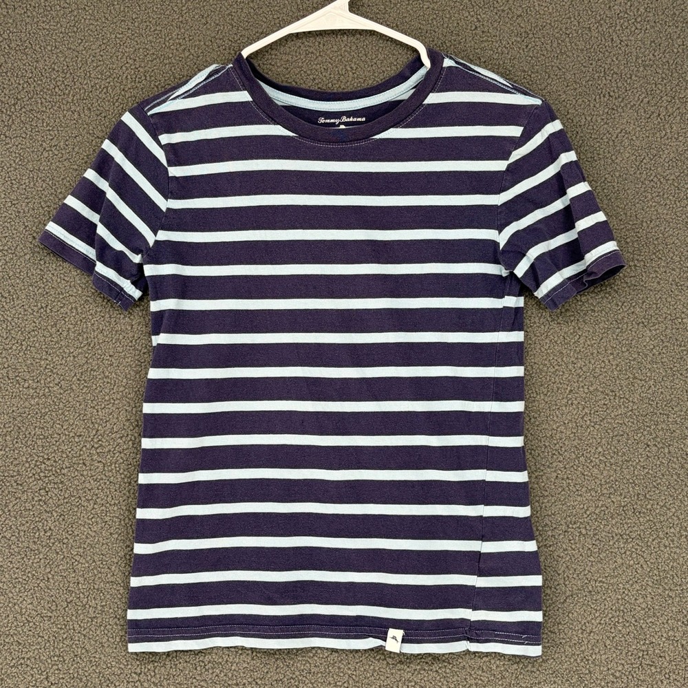 Tommy Bahama Boys Navy Blue Striped Short Sleeve Cotton T-Shirt Size L 10-12